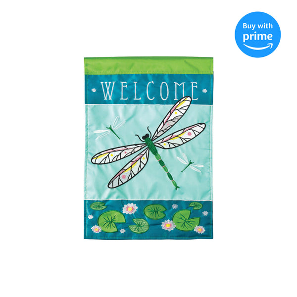 Magnolia Garden Welcome Dragonfly Blue Mossy Green 19 x 13 Burlap Small House Flag