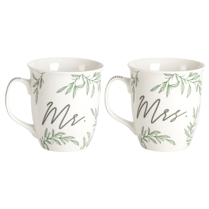 Mr. Mrs. Marriage Takes Three Green Foliage 11 ounce Ceramic Novelty Coffee Mug Set 2