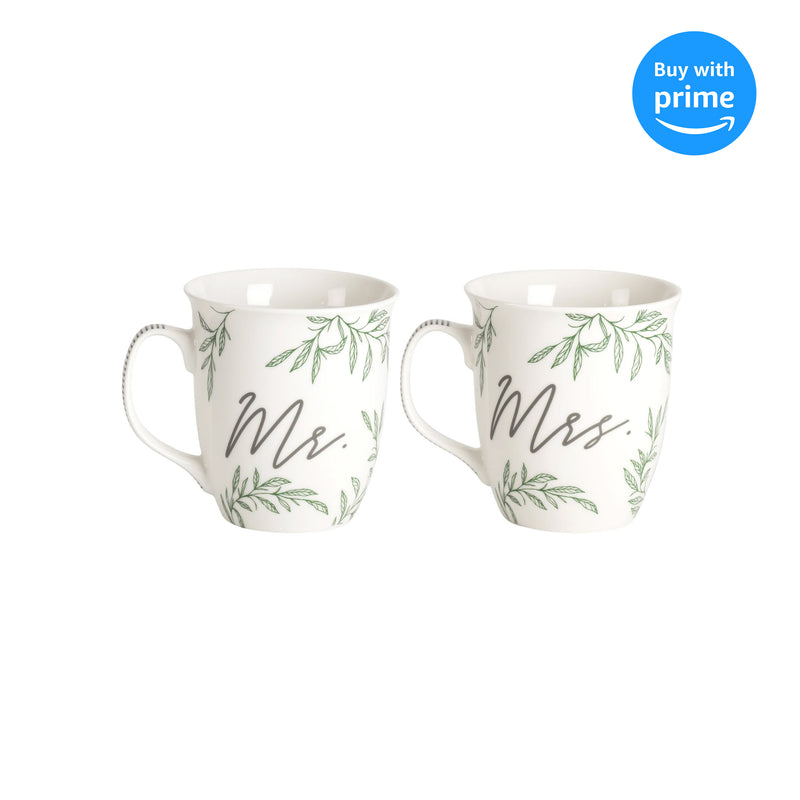 Mr. Mrs. Marriage Takes Three Green Foliage 11 ounce Ceramic Novelty Coffee Mug Set 2