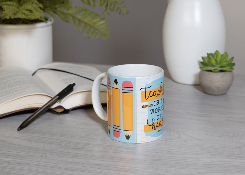 Teaching Is A Work Of Heart Yellow Pencil 11 ounce Ceramic Novelty Cafe Coffee Tea Cup Mug