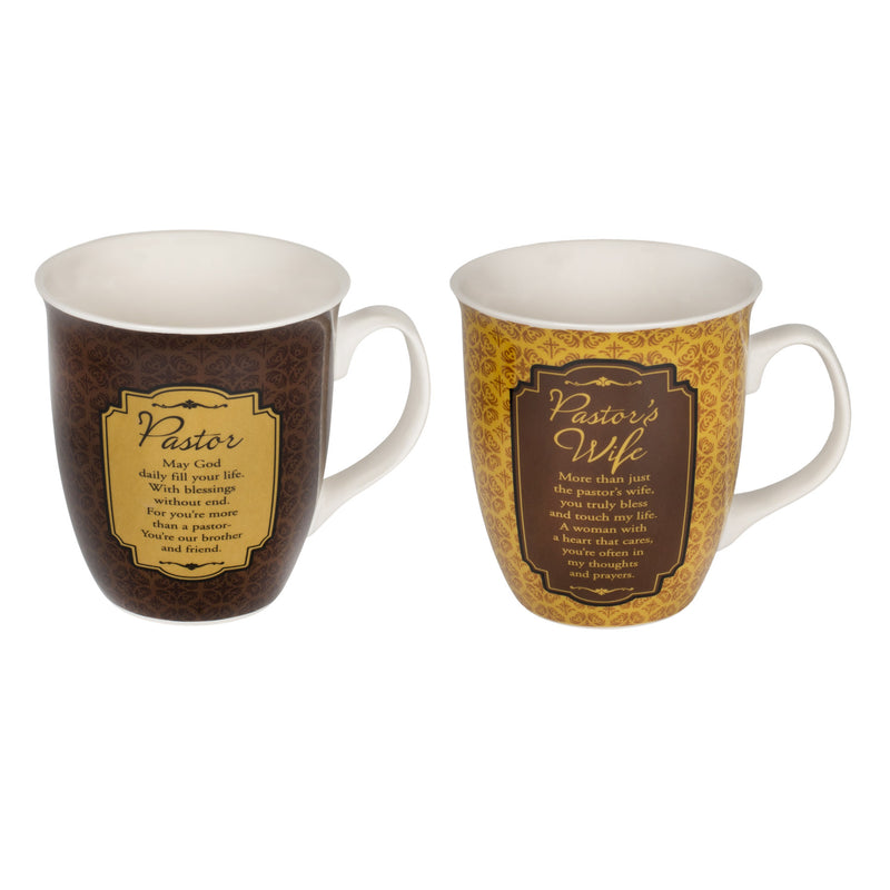 Pastor & Pastor's Wife Filigree Medallion 16 Ounce Stoneware Coffee Mugs Boxed Set of 2