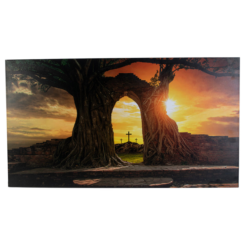 Majestic Sunset Over Trees and Cross 36 x 20 MDF Decorative Wall and Tabletop Frame