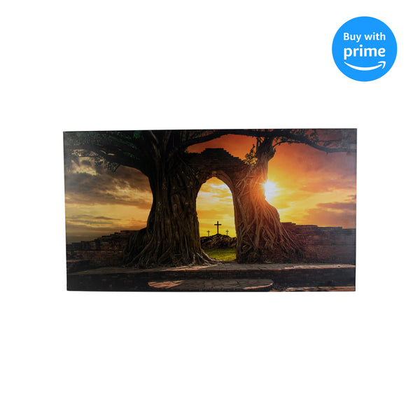 Majestic Sunset Over Trees and Cross 36 x 20 MDF Decorative Wall and Tabletop Frame