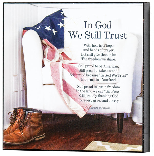 In Him We Trust Patriotic White 6 x 6 MDF Decorative Wall and Tabletop Sign Plaque