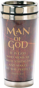 Man of God Woodgrain Psalm 18:32 Insulated 16 Oz. Stainless Steel Travel Mug with Lid
