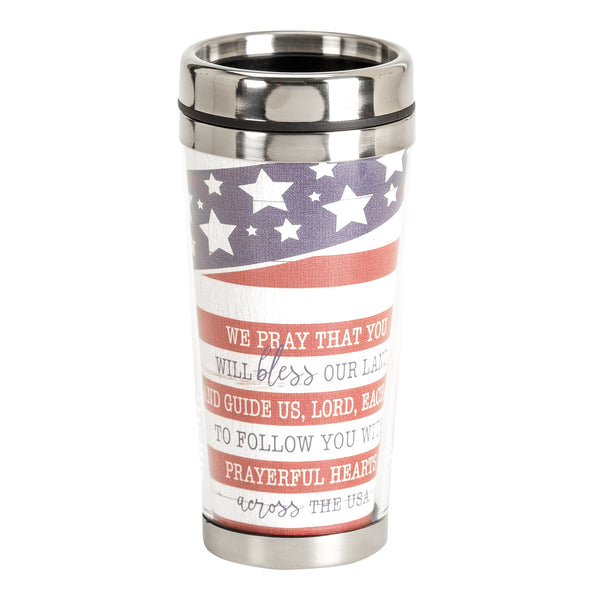 We Pray Patriotic American Flag 16 ounce Stainless Steel Travel Tumbler Mug with Lid
