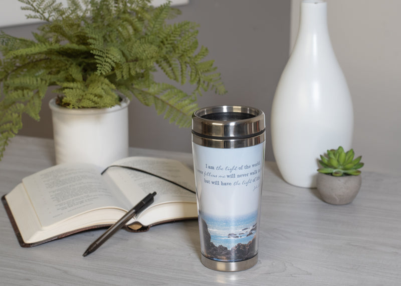 Majestic Blue Beach Lighthouse 16 ounce Stainless Steel Travel Tumbler Mug with Lid
