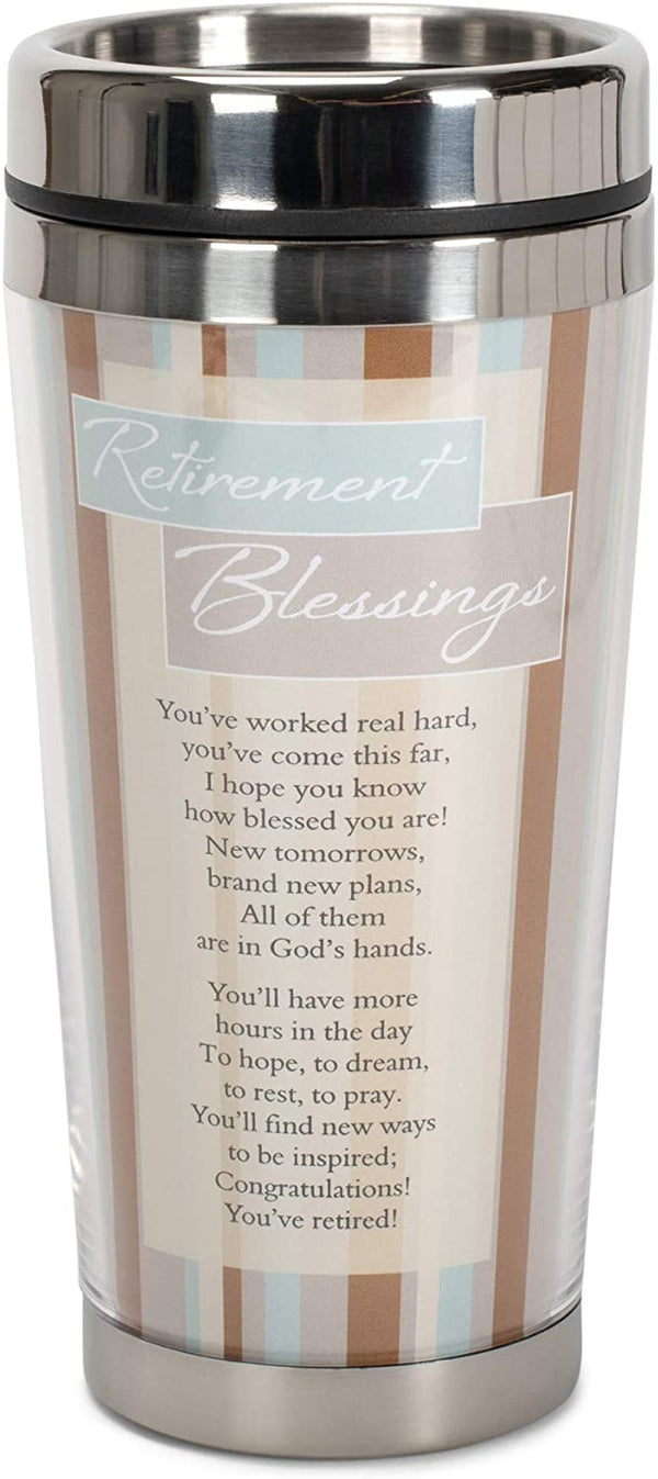 Retirement Blessings Brown Stripes 16 ounce Stainless Steel Insulated Travel Mug with Lid