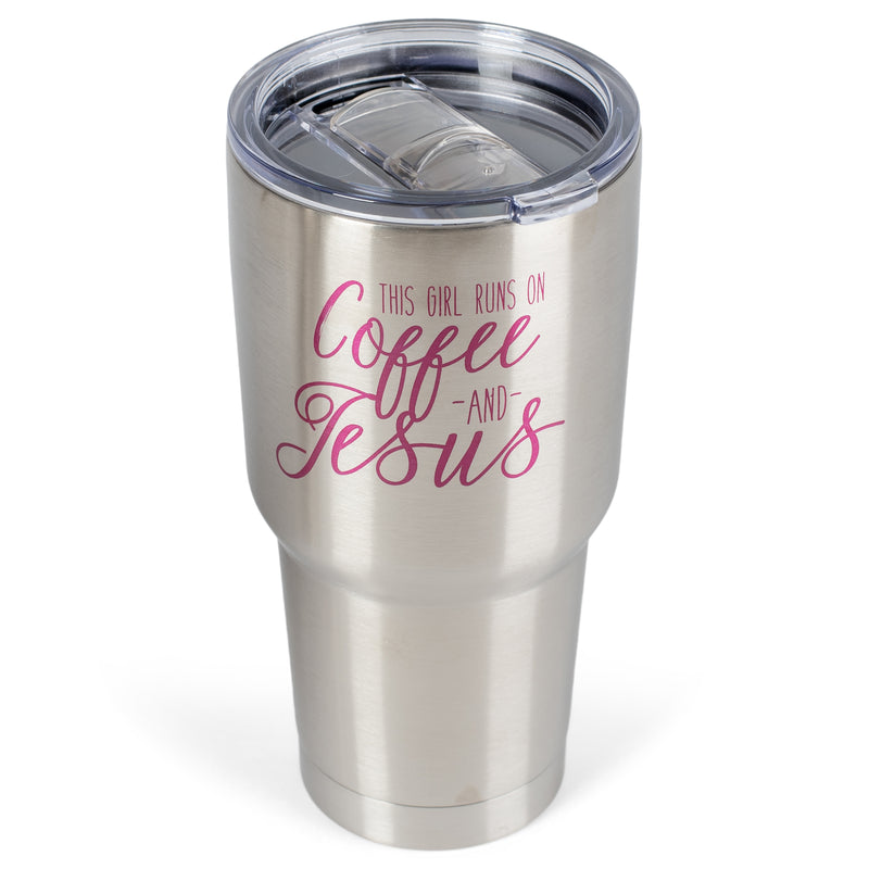 Girl Runs On Coffee & Jesus 30 Ounce Stainless Steel Travel Coffee Mug With Lid
