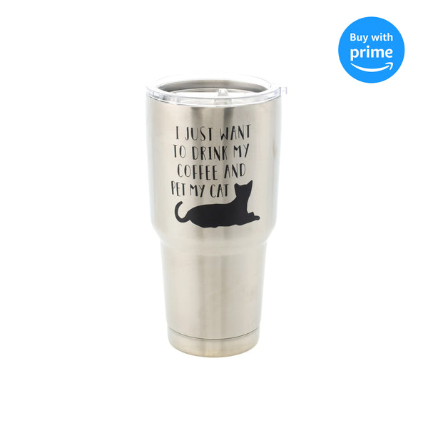 Drink Coffee Pet Cat 30 Oz. Stainless Steel Travel Tumbler with Clear Lid