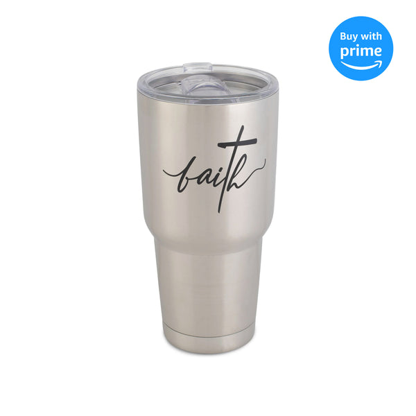 Faith Black Script with Cross 30 ounce Stainless Steel Travel Tumbler Mug with Lid