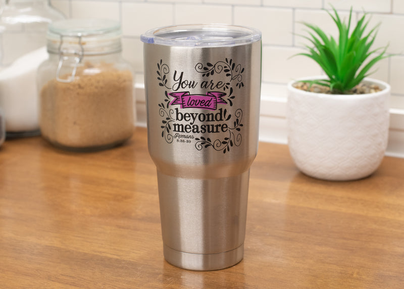 Loved Beyond Measure Bright Pink 30 ounce Stainless Steel Travel Tumbler Mug with Lid