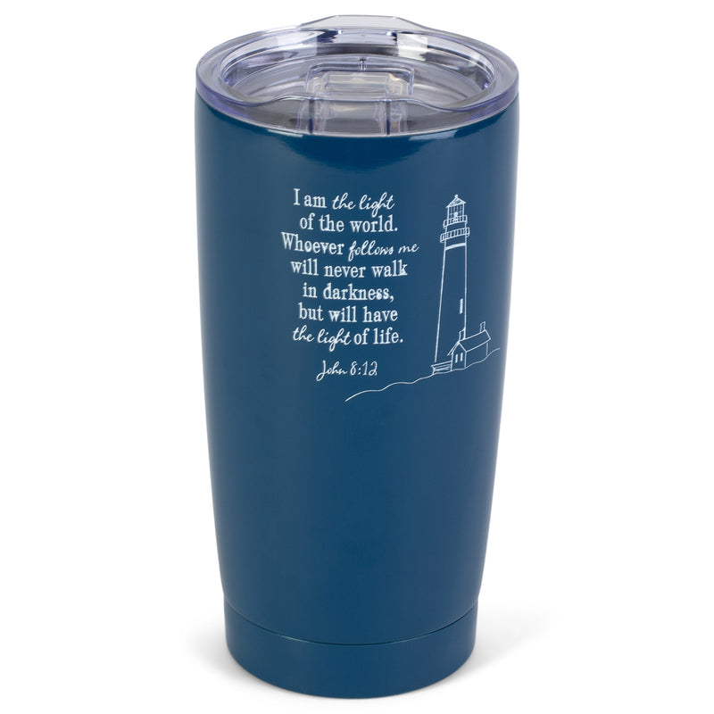 Light Of The World Lighthouse Navy Blue 20 ounce Stainless Steel Travel Tumbler Mug with Lid