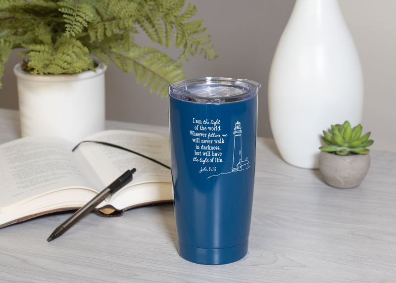 Light Of The World Lighthouse Navy Blue 20 ounce Stainless Steel Travel Tumbler Mug with Lid