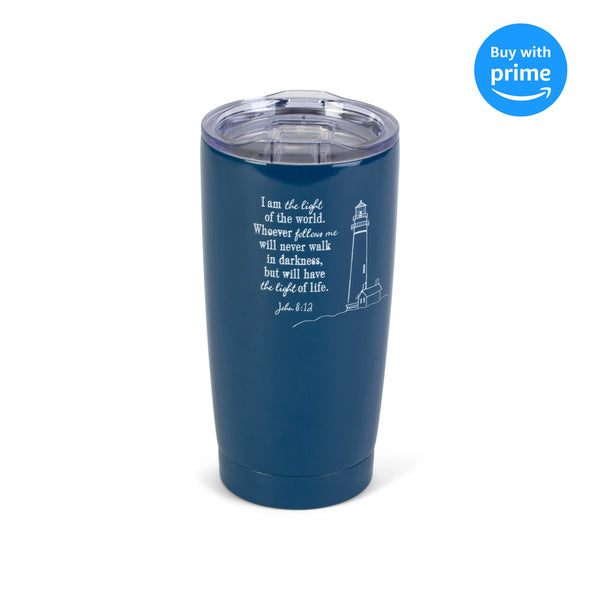 Light Of The World Lighthouse Navy Blue 20 ounce Stainless Steel Travel Tumbler Mug with Lid