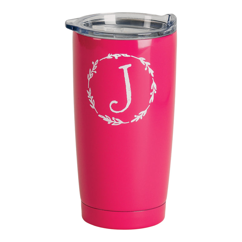 Monogrammed J Pink Wreath 20 ounce Stainless Steel Travel Tumbler Mug with Lid
