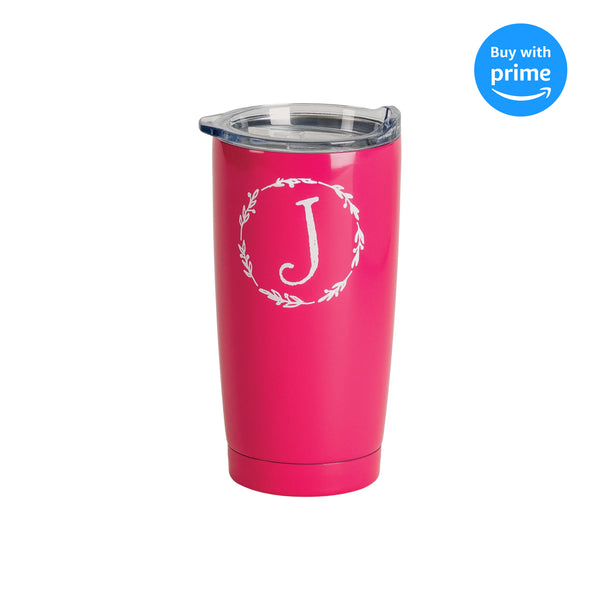 Monogrammed J Pink Wreath 20 ounce Stainless Steel Travel Tumbler Mug with Lid