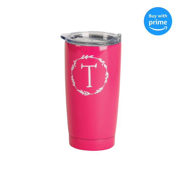 Monogrammed T Pink Wreath 20 ounce Stainless Steel Travel Tumbler Mug with Lid