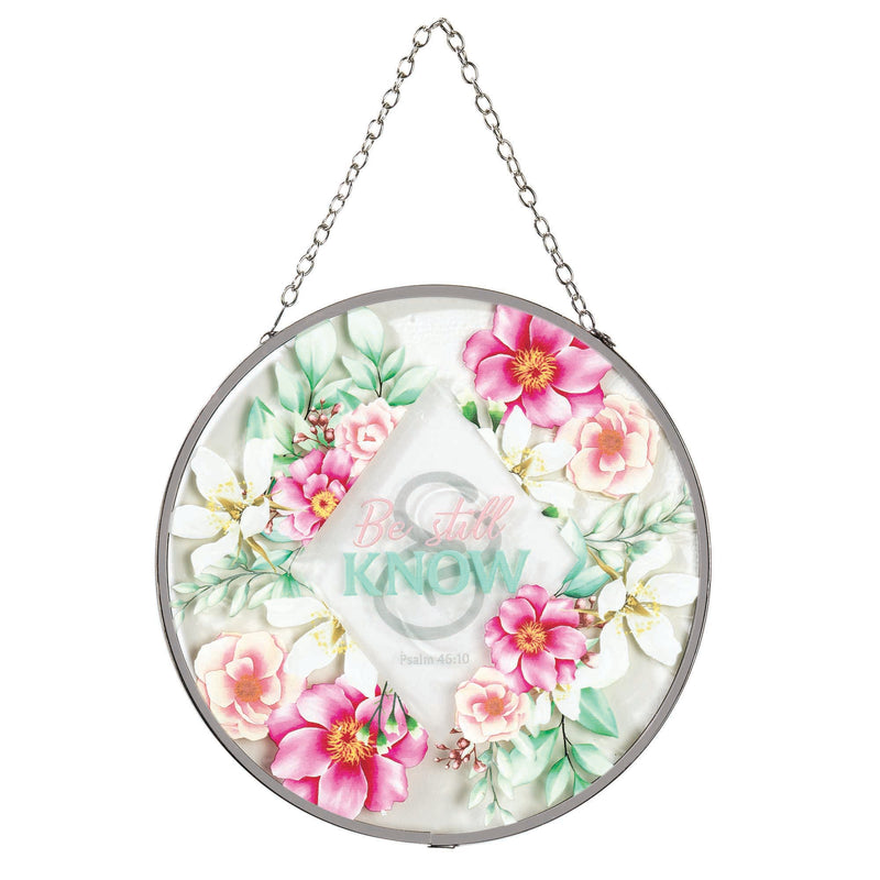Be Still and Know Floral Clear 6 inch Glass Suncatcher With Suction Cup
