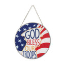 Bless Our Troops Patriotic Red Round 6 x 6 Glass Decorative Sun Catcher with Suction Cup