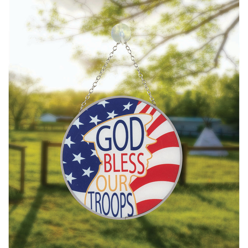 Bless Our Troops Patriotic Red Round 6 x 6 Glass Decorative Sun Catcher with Suction Cup