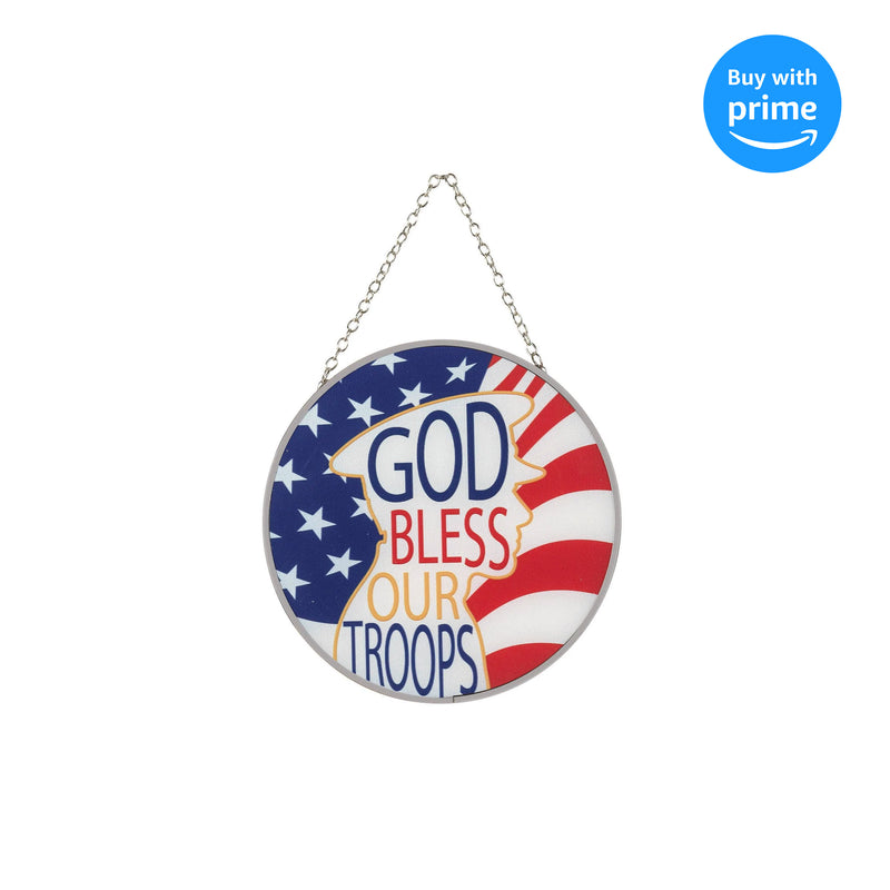 Bless Our Troops Patriotic Red Round 6 x 6 Glass Decorative Sun Catcher with Suction Cup