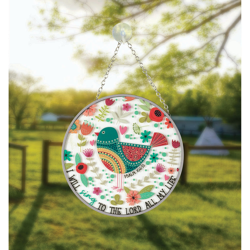 I Will Sing Teal Bird Round 6 x 6 Glass Decorative Sun Catcher with Suction Cup