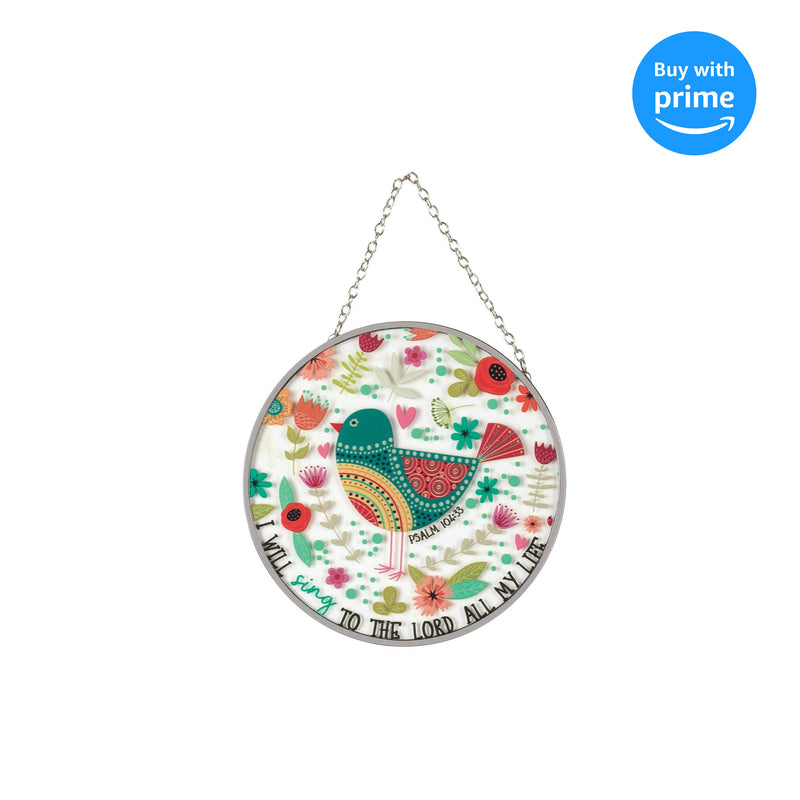 I Will Sing Teal Bird Round 6 x 6 Glass Decorative Sun Catcher with Suction Cup