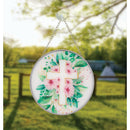 Pink Floral Cross Round 6 x 6 Glass Decorative Sun Catcher with Suction Cup
