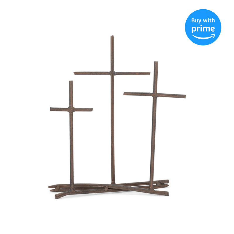 Three Crosses Metal Nail Distressed Brown 8 x 9.5 Metal Table Top Cross Decoration