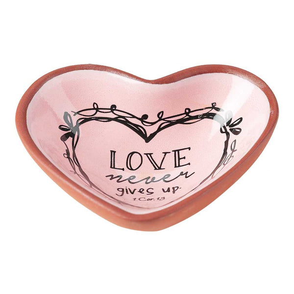 Dicksons Love Never Gives Up Rose Pink 3 x 3 Terra Cotta Heart Shaped Decorative Bowl Tray