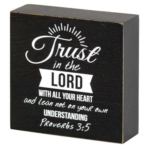 Trust In The Lord Distressed Black 3 x 3 MDF Wood Tabletop Block Plaque