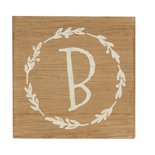 Monogram B Distressed White Wreath 3 x 3 MDF Decorative Wall and Tabletop Sign Plaque