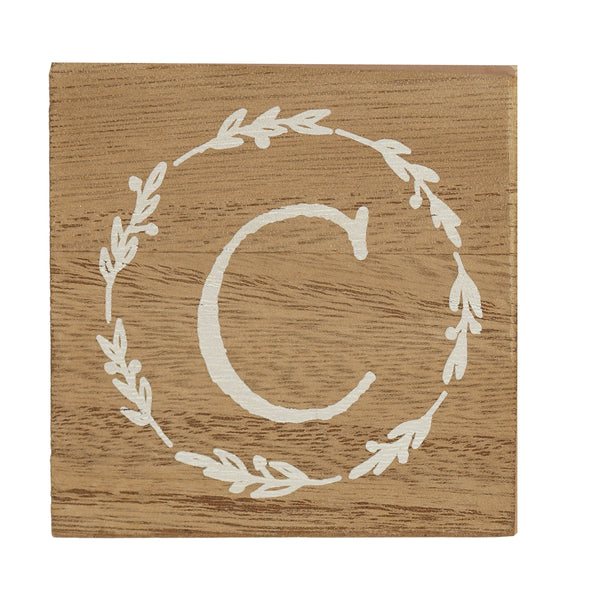 Monogram C Distressed White Wreath 3 x 3 MDF Decorative Wall and Tabletop Sign Plaque