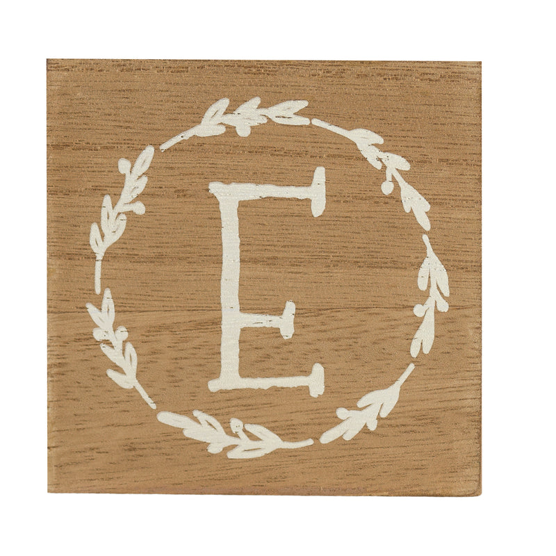 Monogram E Distressed White Wreath 3 x 3 MDF Decorative Wall and Tabletop Sign Plaque