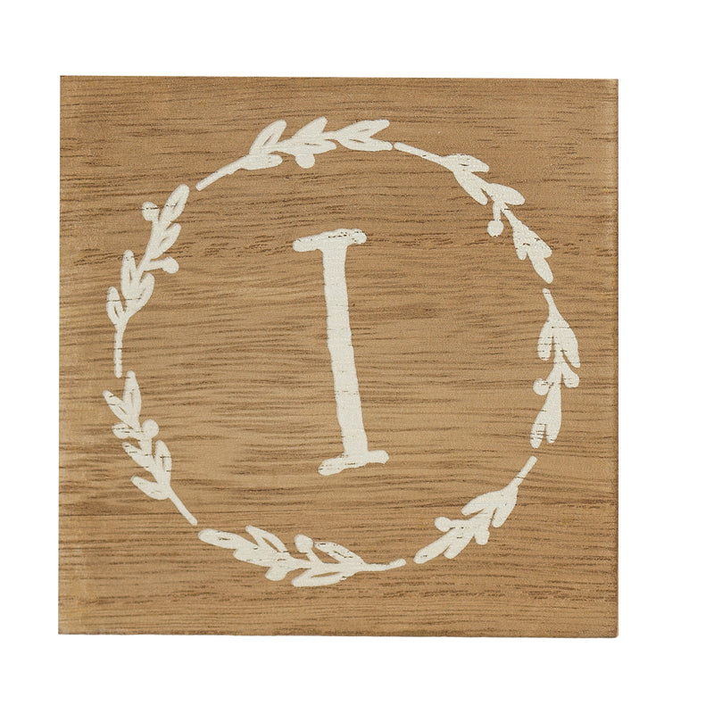 Monogram I Distressed White Wreath 3 x 3 MDF Decorative Wall and Tabletop Sign Plaque