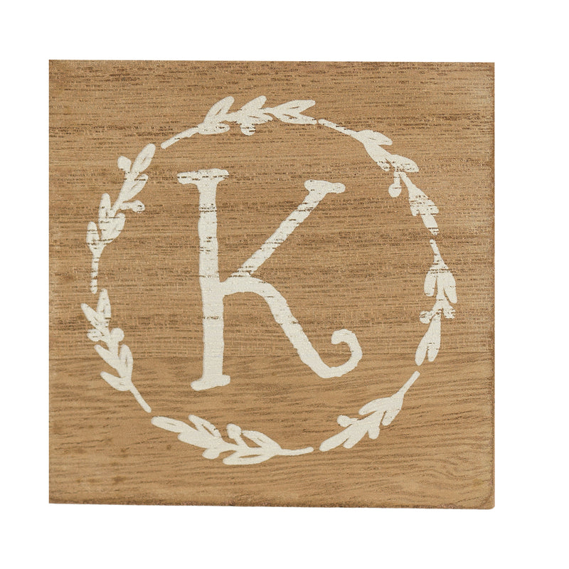 Monogram K Distressed White Wreath 3 x 3 MDF Decorative Wall and Tabletop Sign Plaque