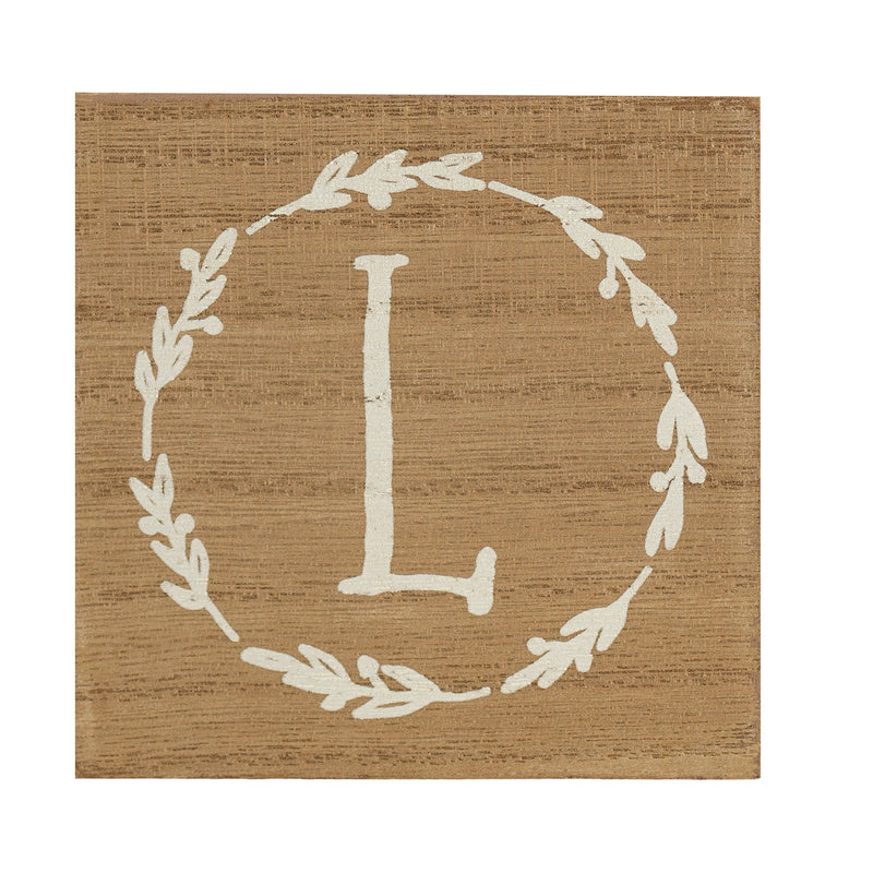 Monogram L Distressed White Wreath 3 x 3 MDF Decorative Wall and Tabletop Sign Plaque
