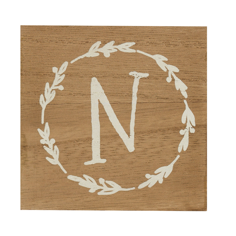 Monogram N Distressed White Wreath 3 x 3 MDF Decorative Wall and Tabletop Sign Plaque