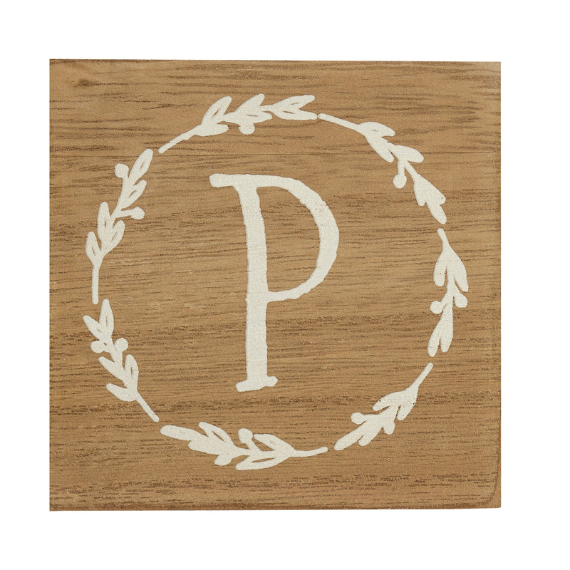 Monogram P Distressed White Wreath 3 x 3 MDF Decorative Wall and Tabletop Sign Plaque