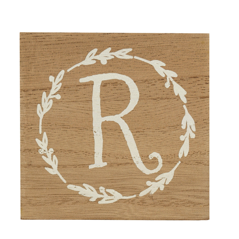 Monogram R Distressed White Wreath 3 x 3 MDF Decorative Wall and Tabletop Sign Plaque