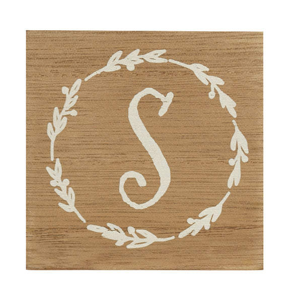 Monogram R Distressed White Wreath 3 x 3 MDF Decorative Wall and Tabletop Sign Plaque