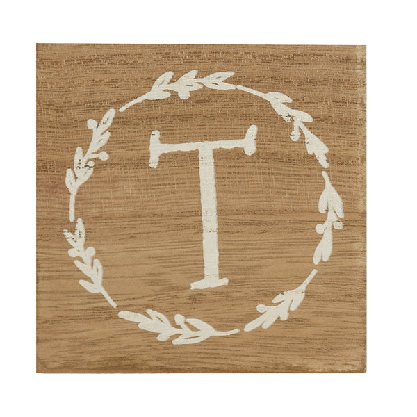 Monogram T Distressed White Wreath 3 x 3 MDF Decorative Wall and Tabletop Sign Plaque