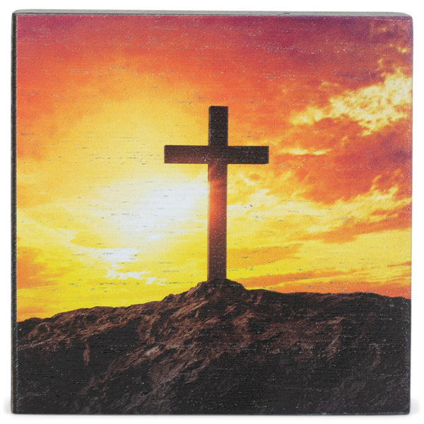 Majestic Sunset Cross Silhouette 3 x 3 MDF Decorative Tabletop Block Plaque