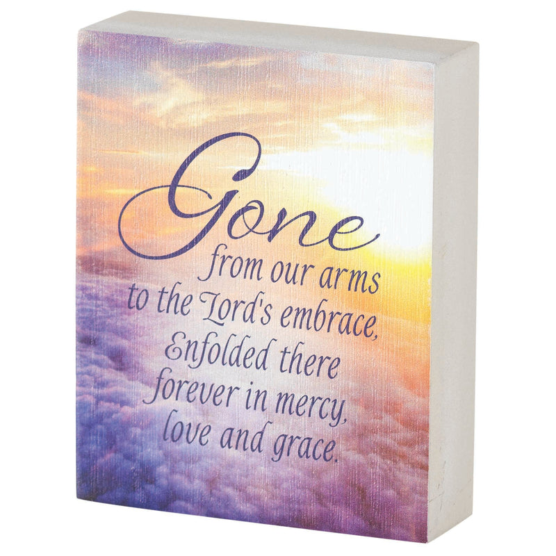Gone From Our Arms Lord's Embrace Sunset Orange 4 x 3 Wood Decorative Tabletop Block Plaque