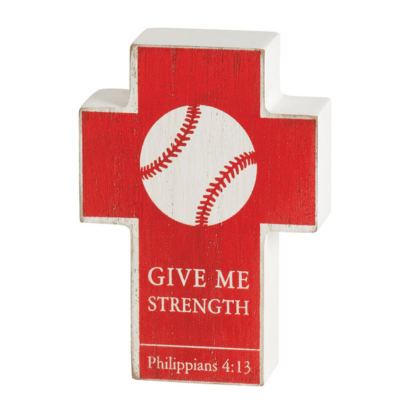 Cherry Red Give Me Strength Baseball 4 inch Resin Decorative Tabletop Cross
