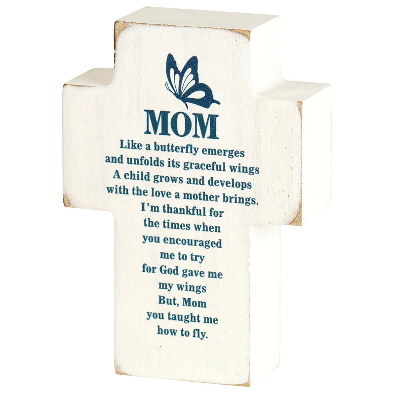 Mom Butterfly Wings Classic White 4 x 3 MDF Wood Tabletop Cross Plaque