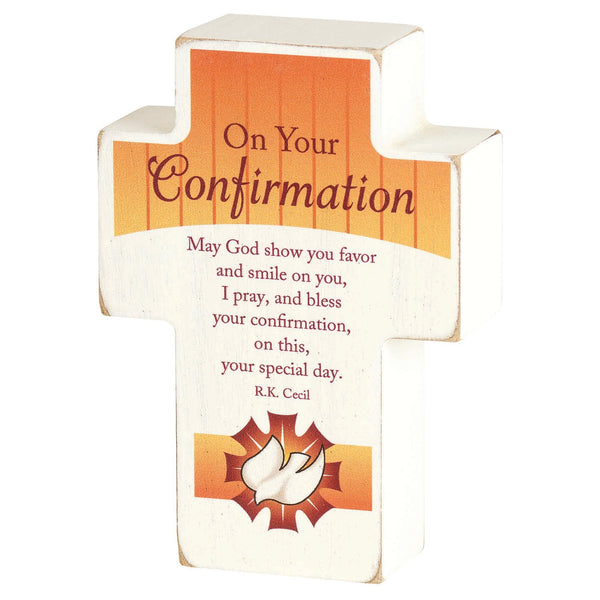 On Your Confirmation Blessing Orange 4 x 3 MDF Wood Tabletop Cross Plaque