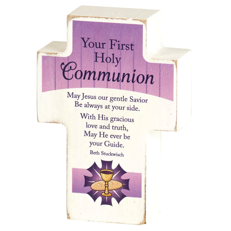 Your First Holy Communion Blessing Purple 4 x 3 MDF Wood Tabletop Cross Plaque