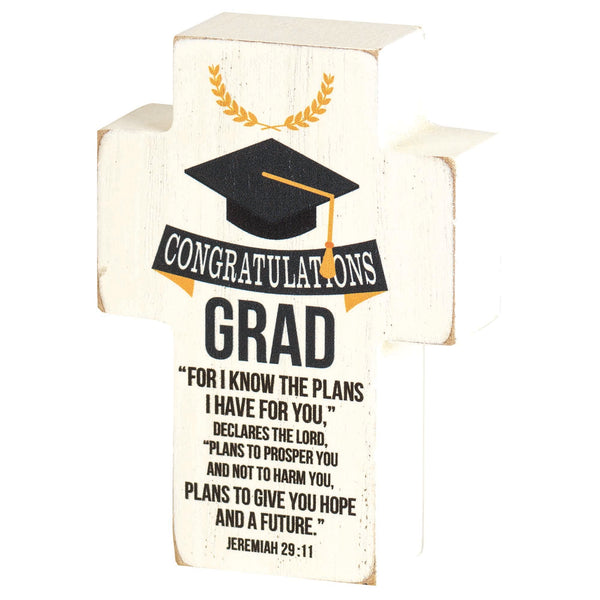 Congratulations Grad Classic White 4 x 3 MDF Wood Tabletop Cross Plaque